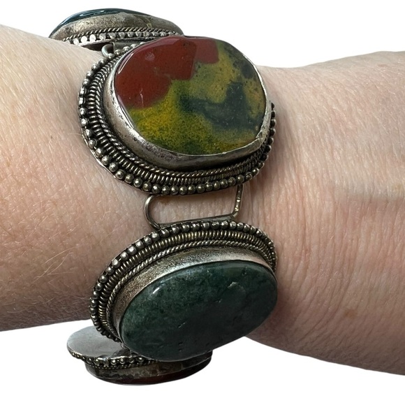 Vintage Multi Color Oval Cabochon Agate Stone Link Bracelet - Picture 1 of 10